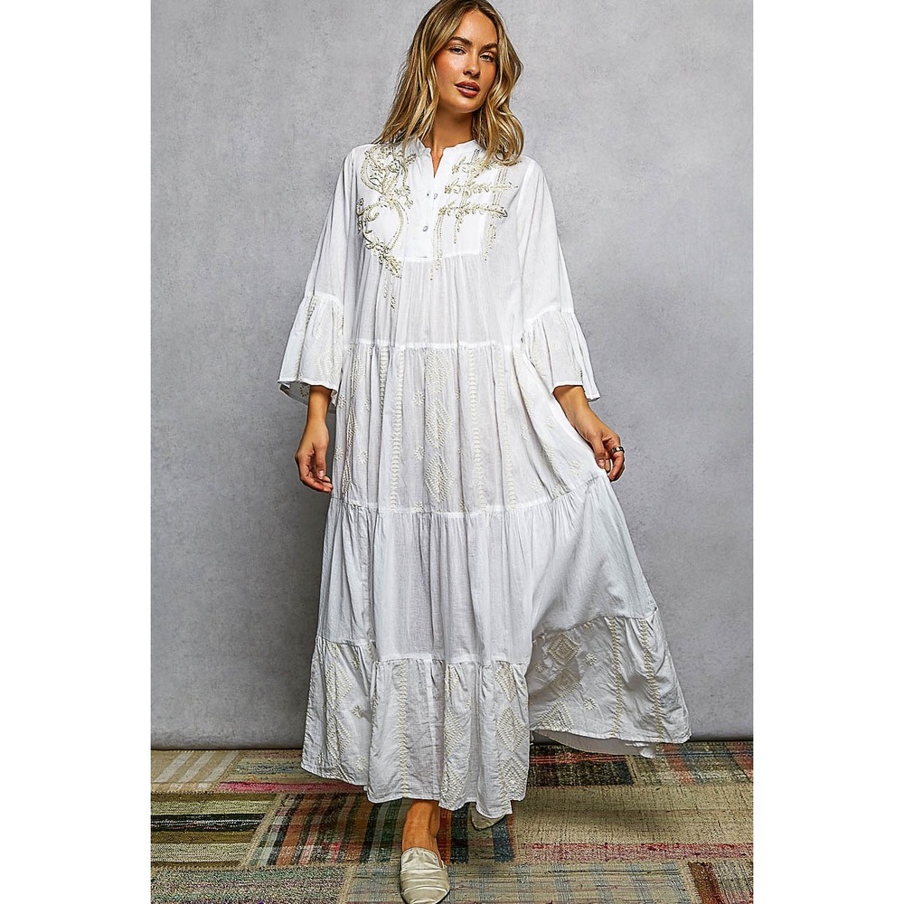 POL‎ White Cotton Embroidered Tiered Maxi Dress  Ruffle Sleeve Boho MEDIUM